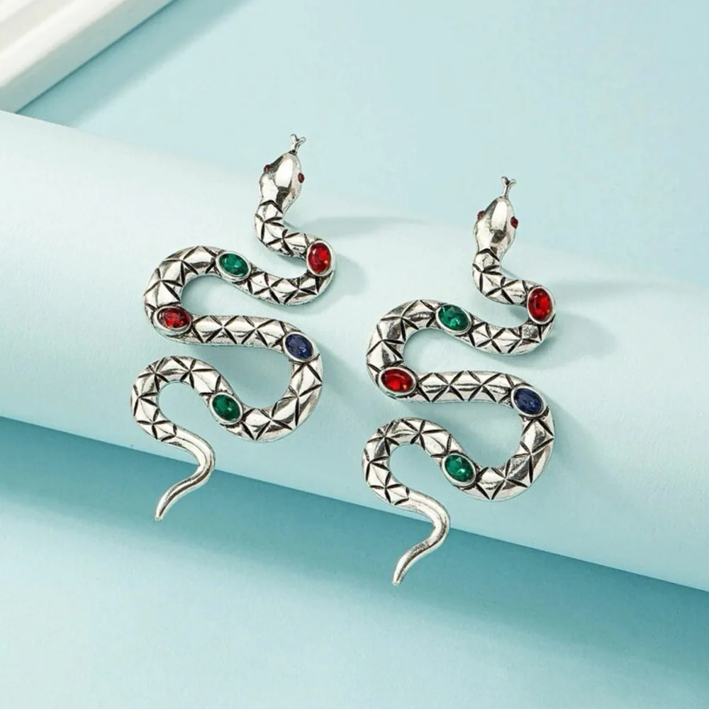 π Awesome Large Metallic Jeweled Serpent Snake Stud Earrings π - Picture 4 of 4